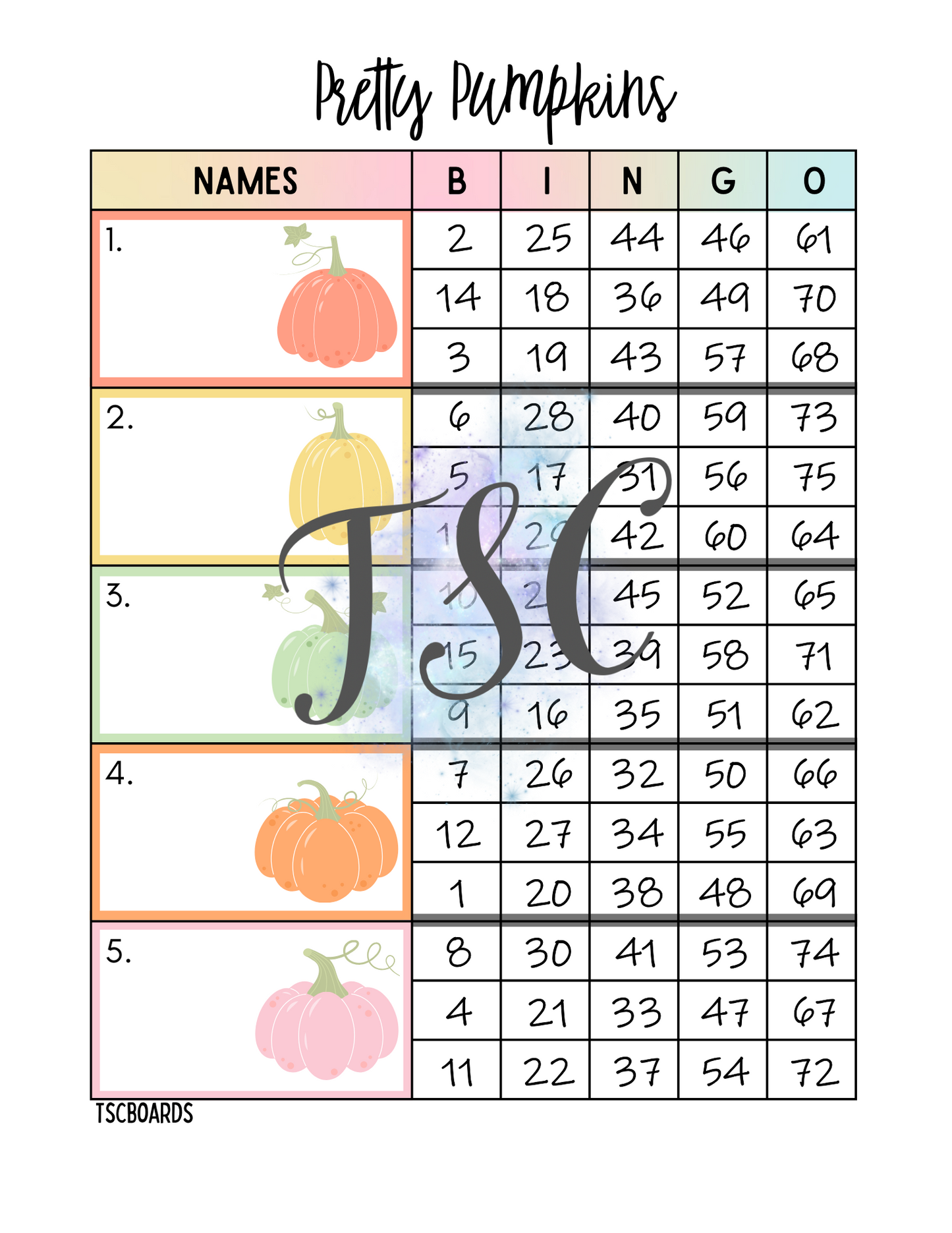 Pretty Pumpkins Block Bingo Board 1-75 Ball