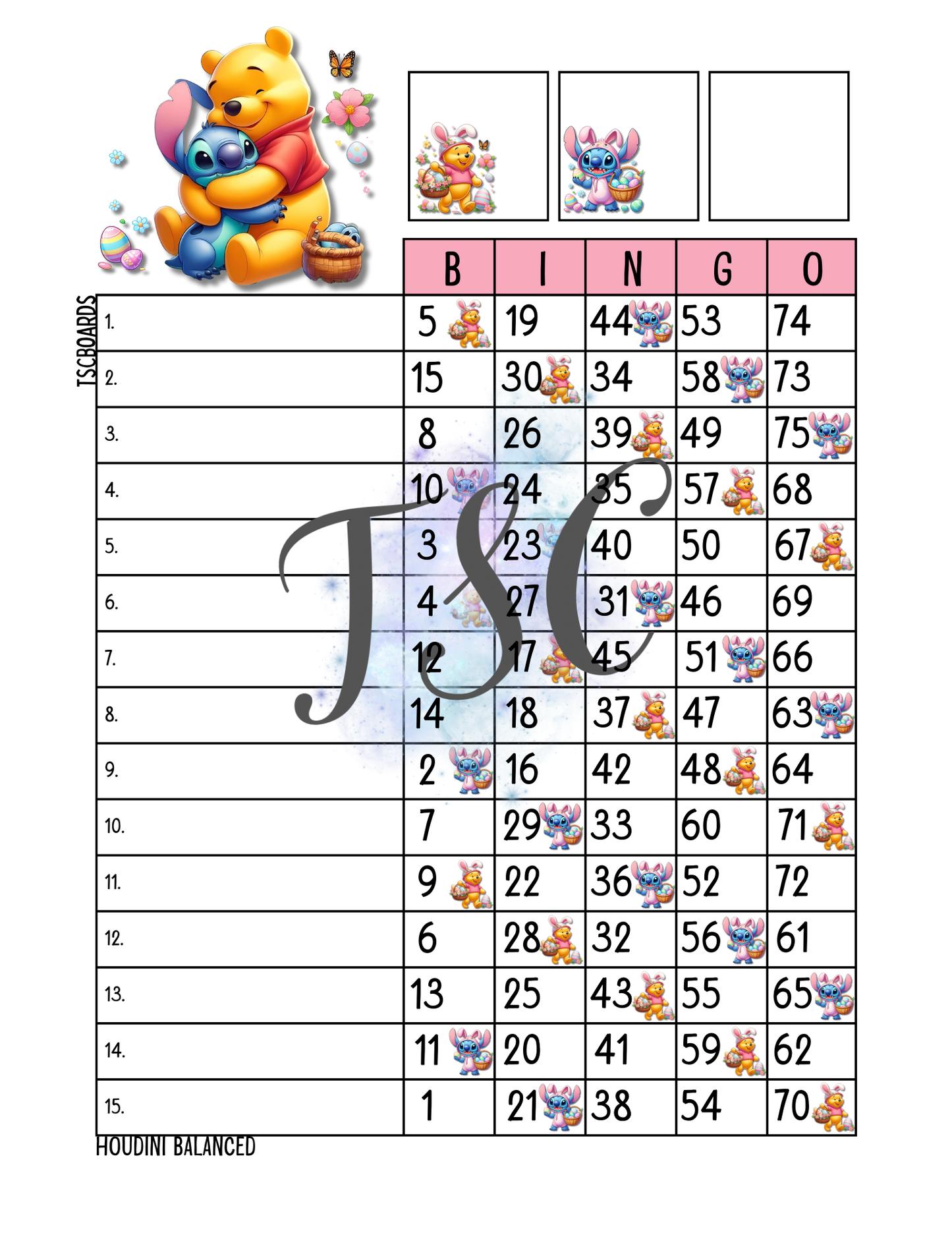 Easter with Pooh & Stitch Bingo Board 1-75 Ball