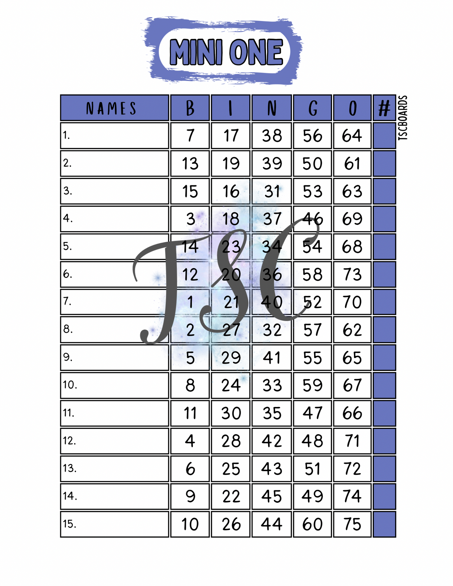 Line Mini 1 Bingo Board 1-75 Ball