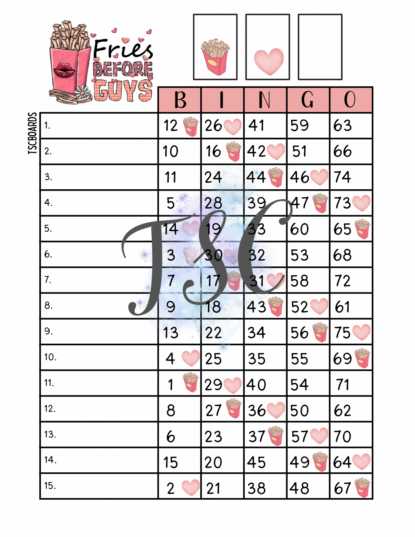 Fries Before Guys Bingo Board 1-75 Ball