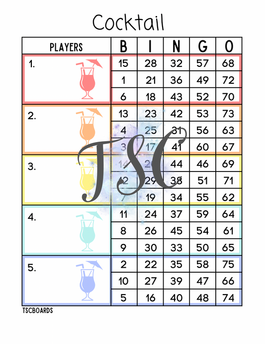 Cocktail Rainbow Block Bingo Board 1-75 Ball