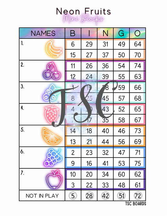 Neon Fruits Mini Blocks Bingo Board 1-75 Ball