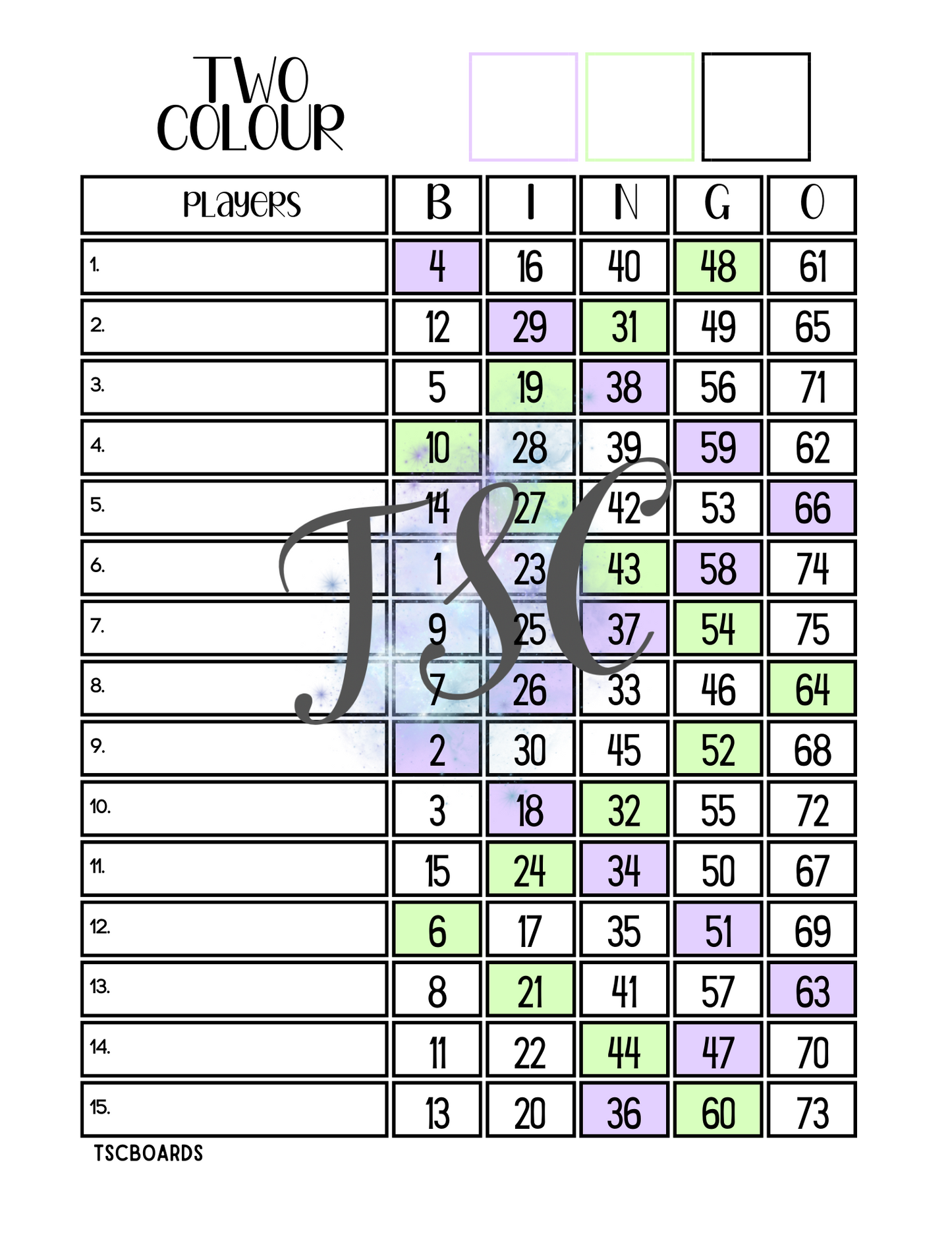 Two Colour Bingo Board 1-75 Ball
