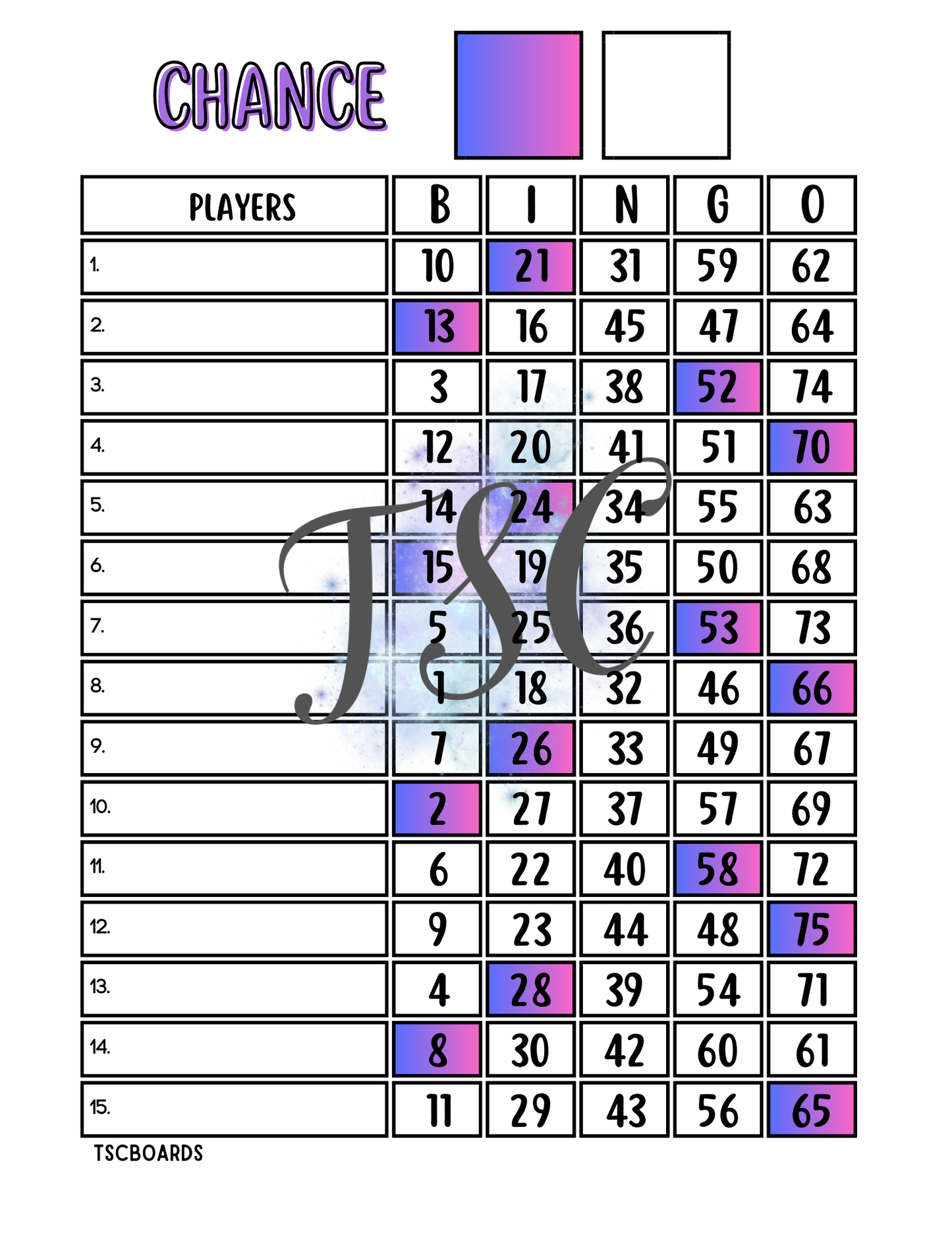 Purple Chance Bingo Board 1-75 Ball