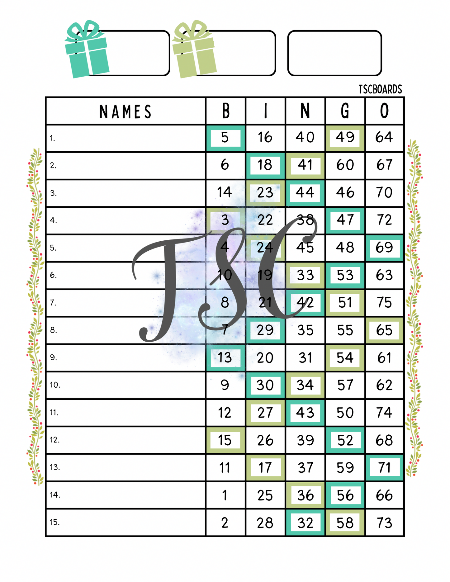 Presents Bingo Board 1-75 Ball