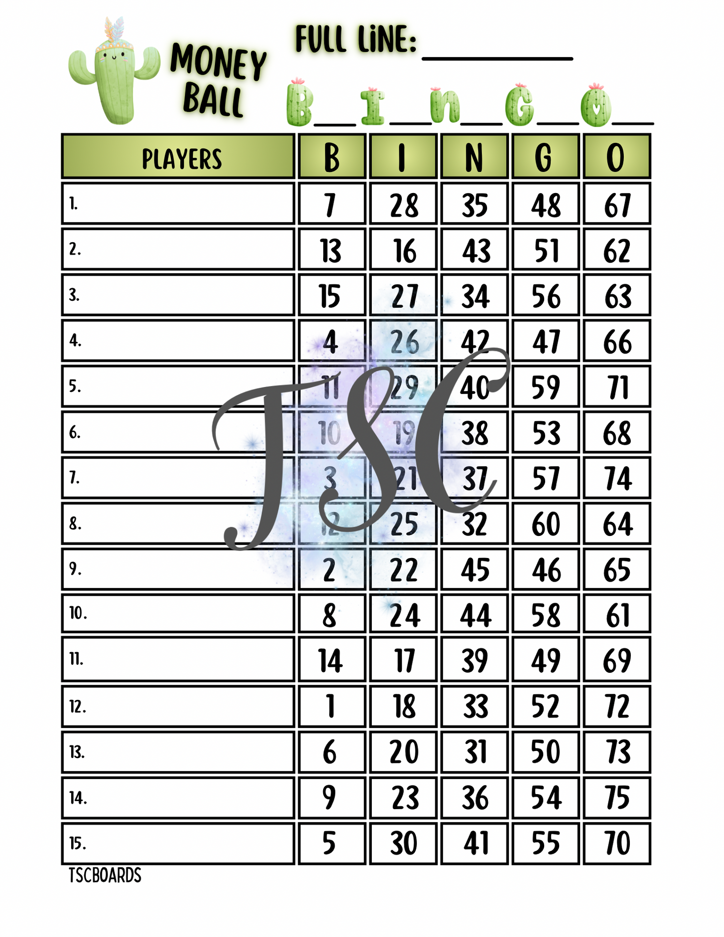 Cactus Moneyball Bingo Board 1-75 Ball