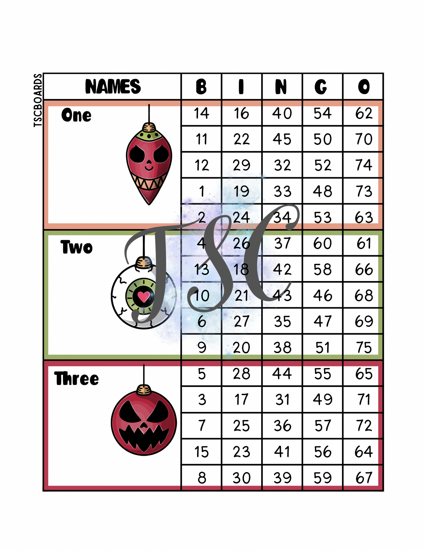 Spooky Christmas Ornaments Mega Block Bingo Board 1-75 Ball