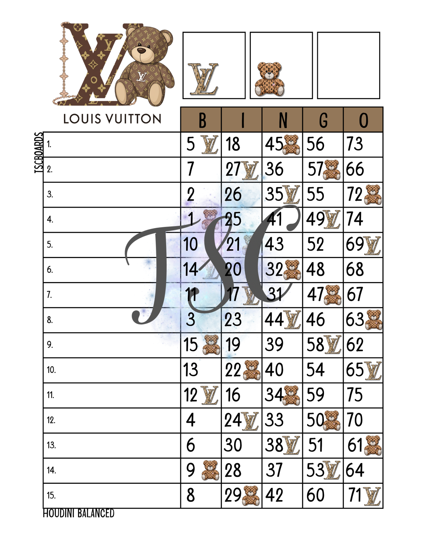 L V Bear Bingo Board 1-75 Ball
