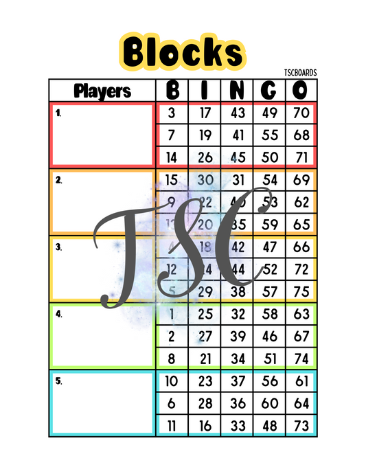 Rainbow Block Bingo Board 1-75 Ball