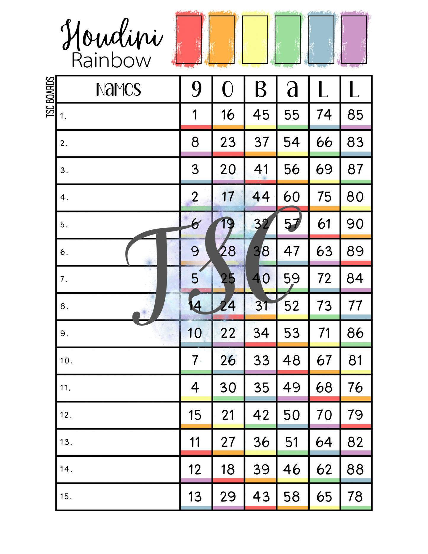 Houdini Rainbow Bingo Board 1-90 Ball