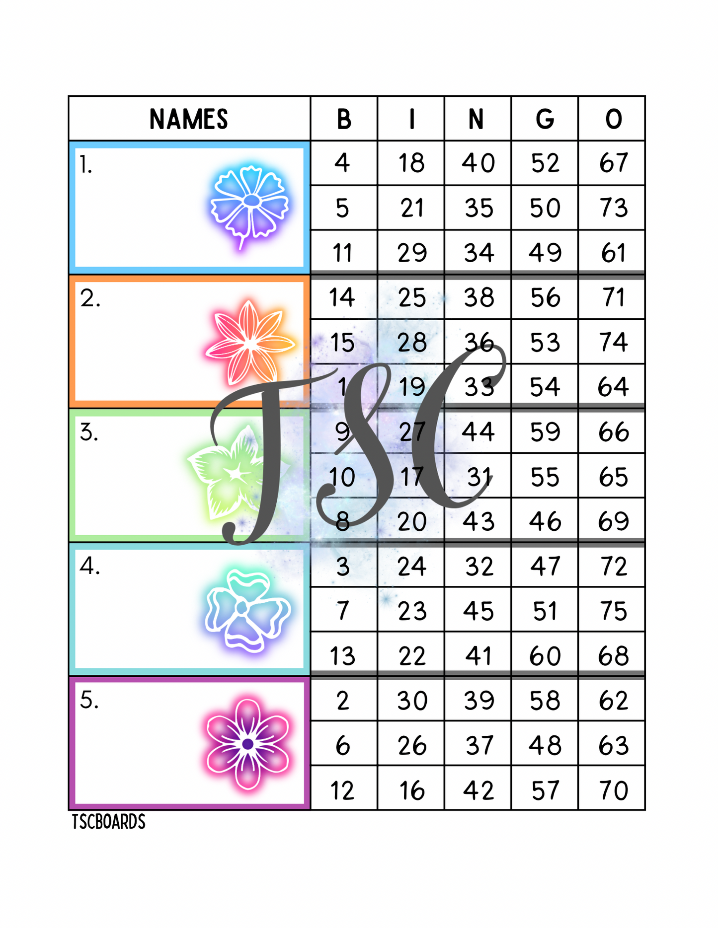 Neon Flowers Block Bingo Board 1-75 Ball