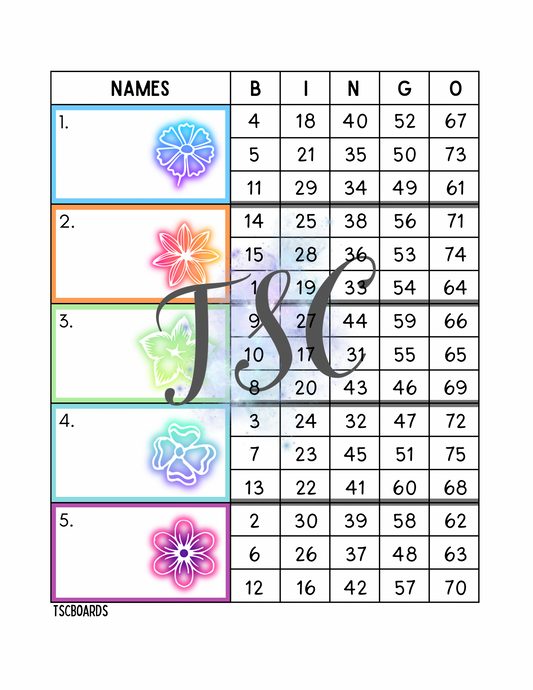Neon Flowers Block Bingo Board 1-75 Ball
