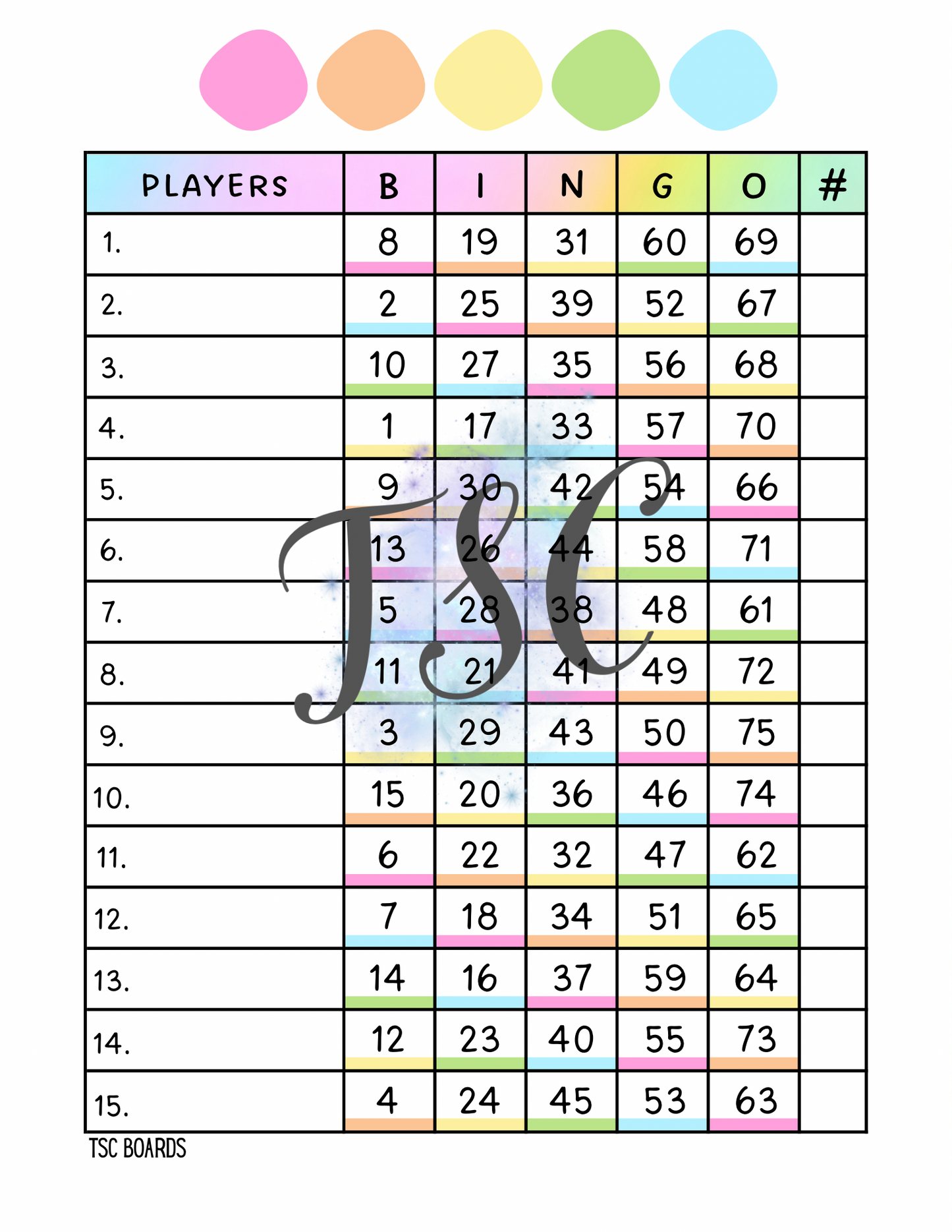 Pastel Main Rainbow Bingo Board 1-75 Ball