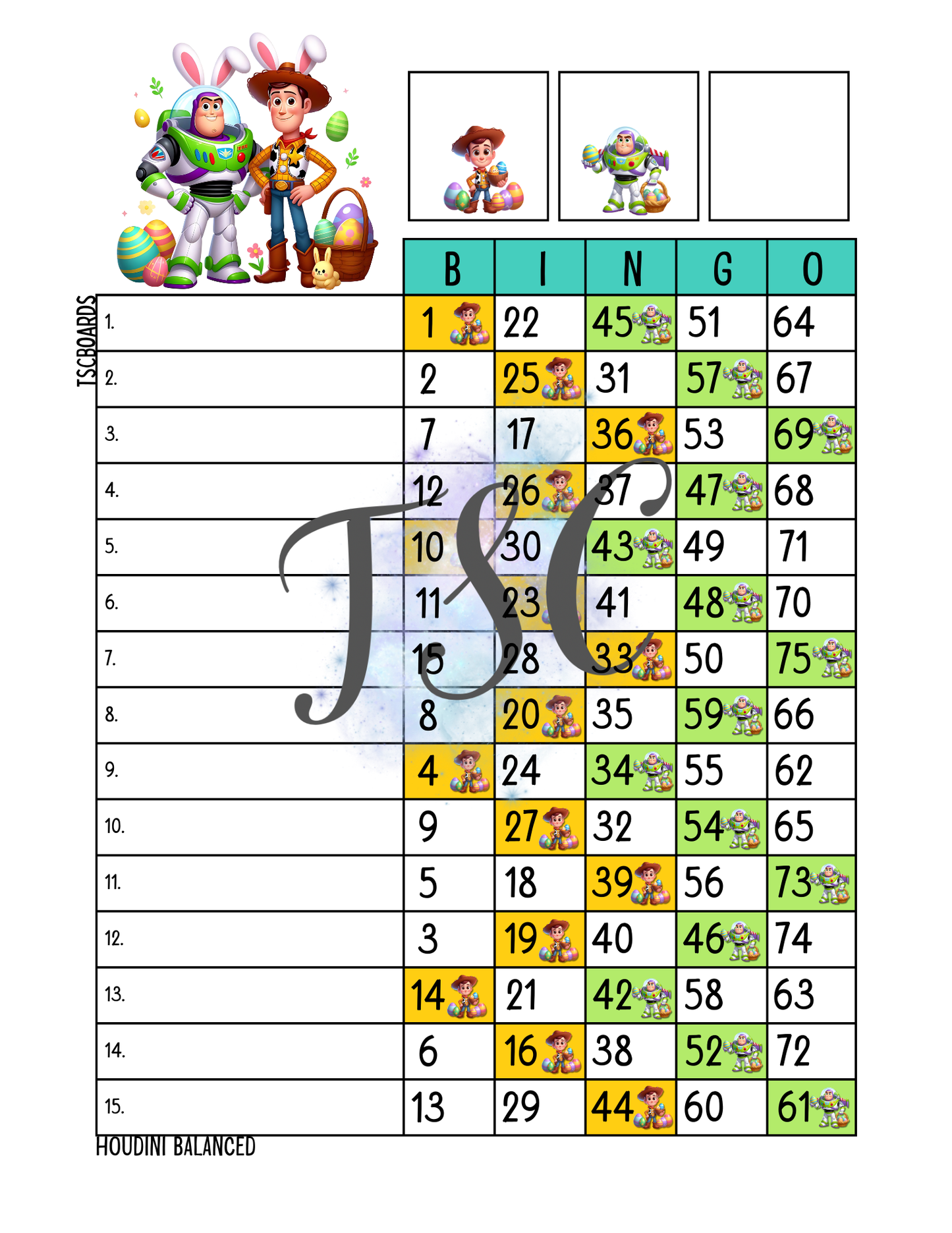 Buzz & Woodys Easter Bingo Board 1-75 Ball