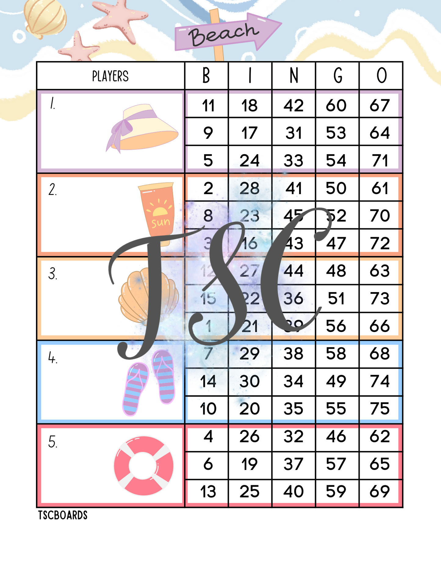 Beach Block Bingo Board 1-75 Ball