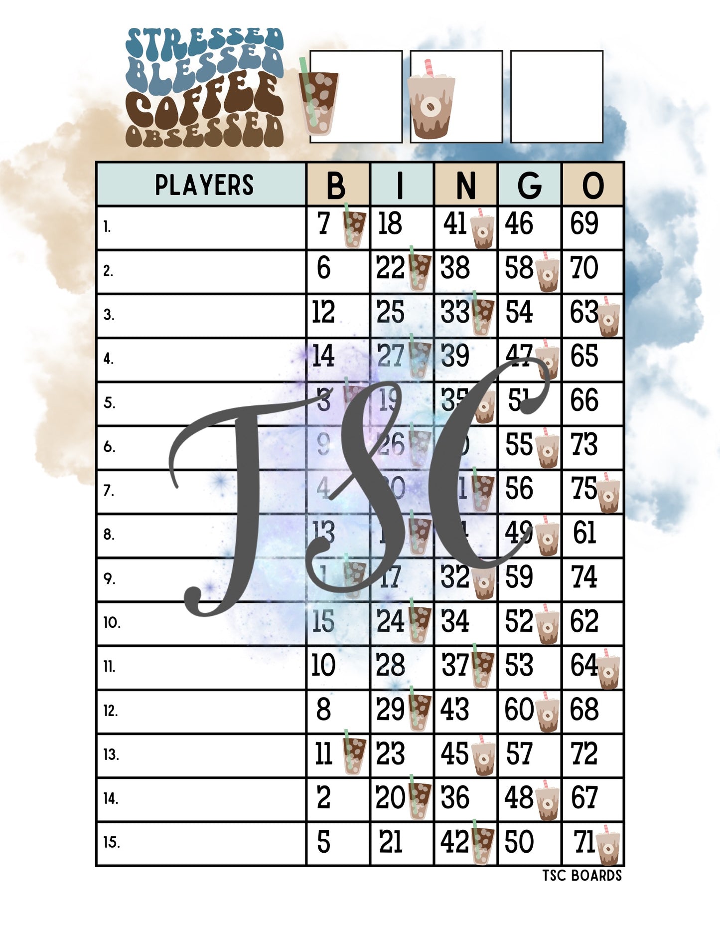 Stressed Blessed Coffee Obsessed Bingo Board 1-75 Ball