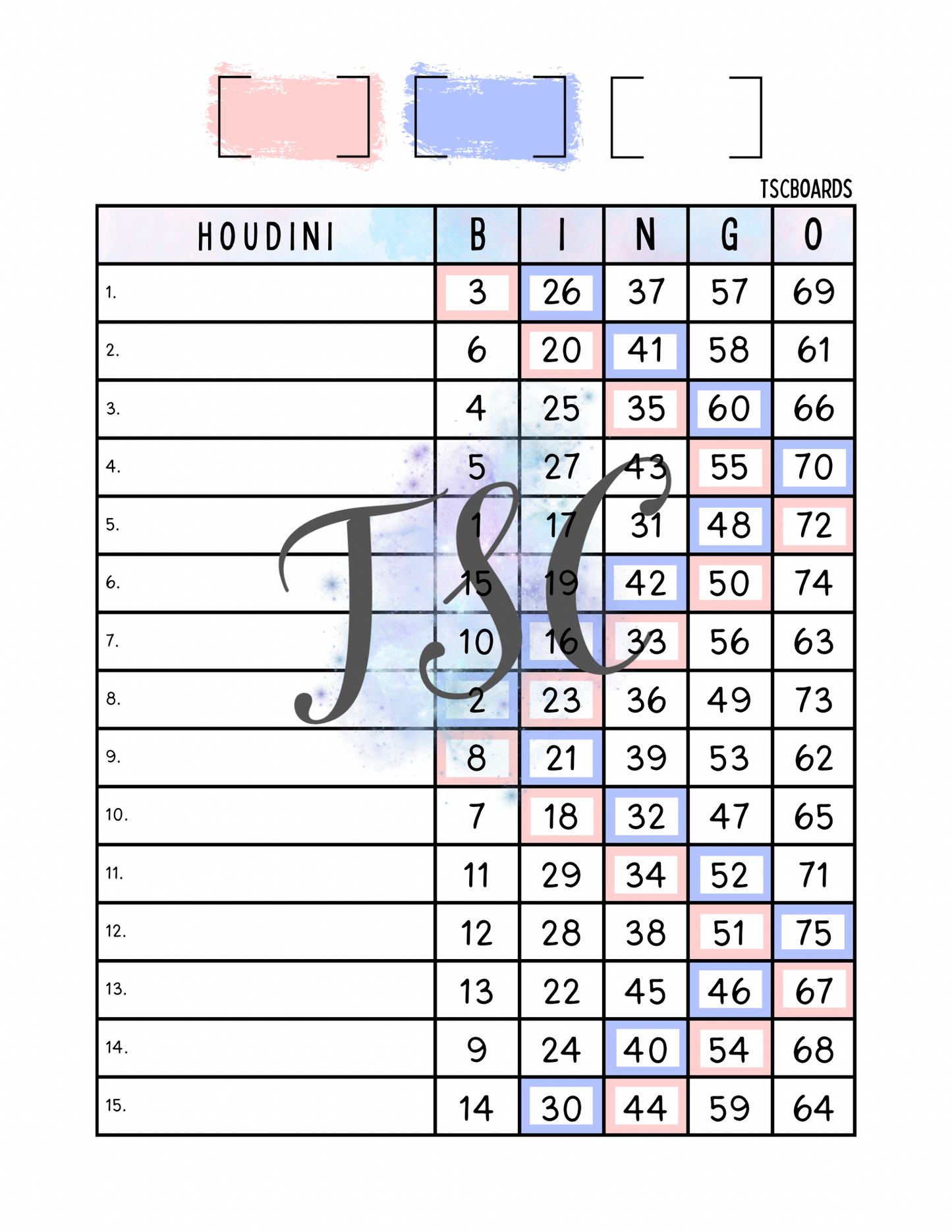 Houdini Bingo Board 1-75 Ball