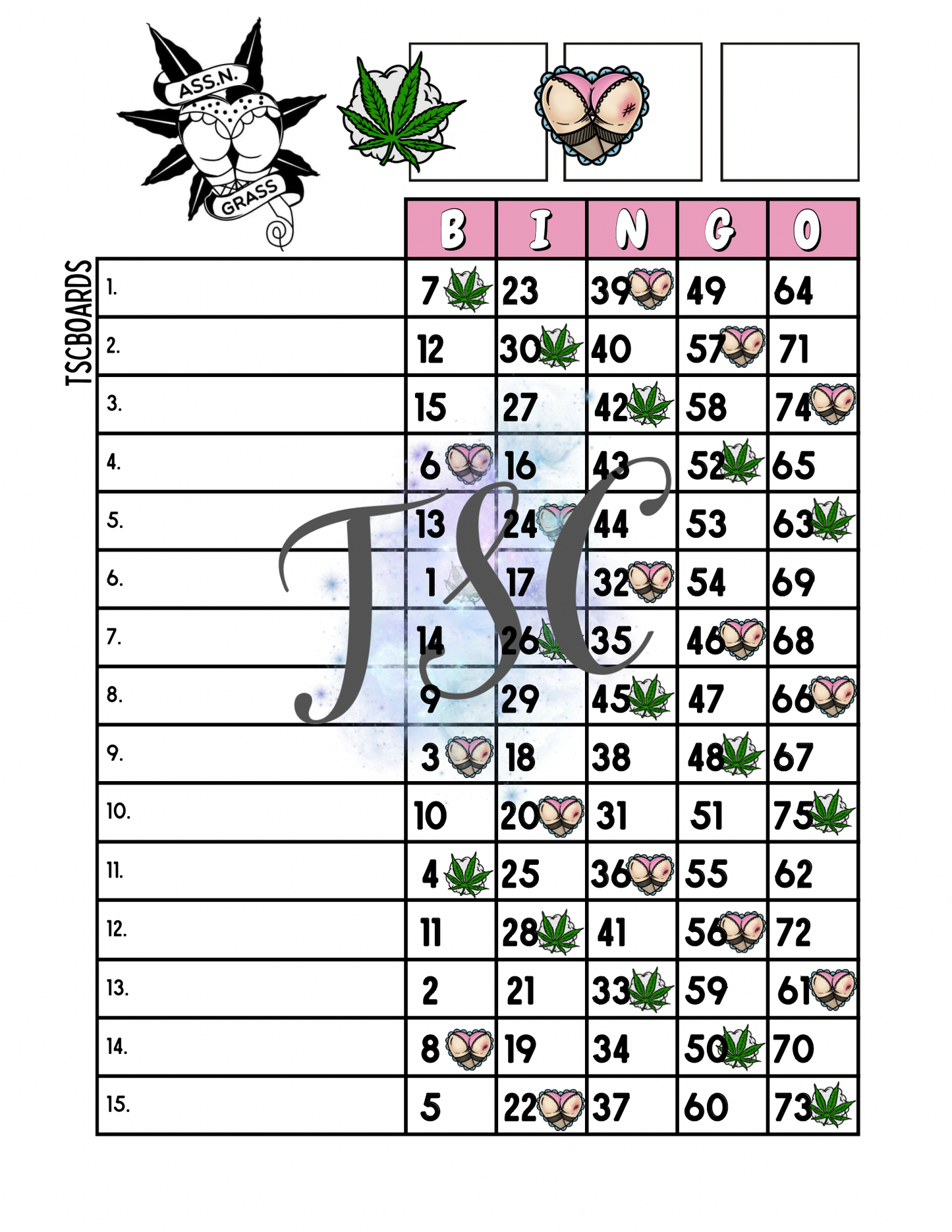Ass N Grass Bingo Board 1-75 Ball