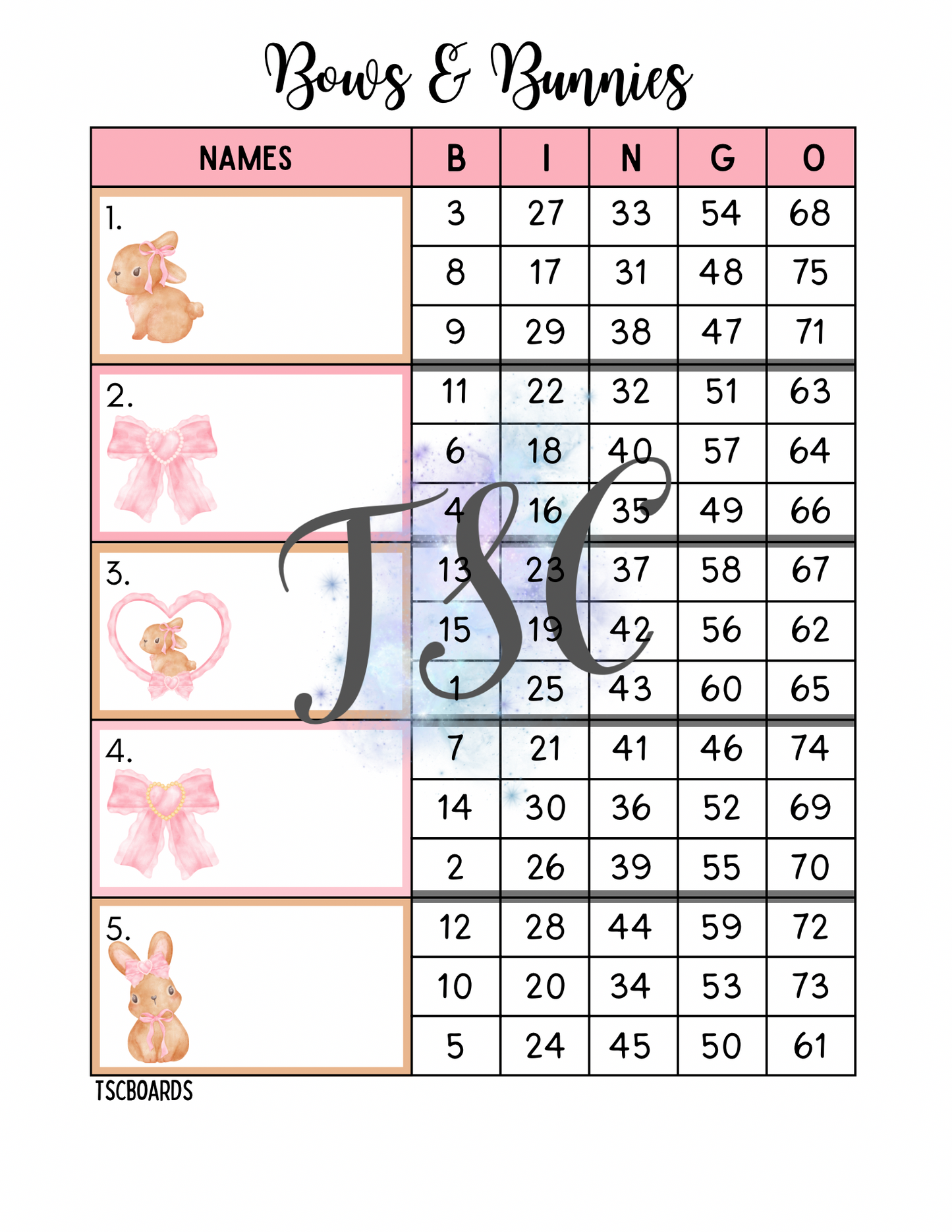 Bows & Bunnies Block Bingo Board 1-75 Ball