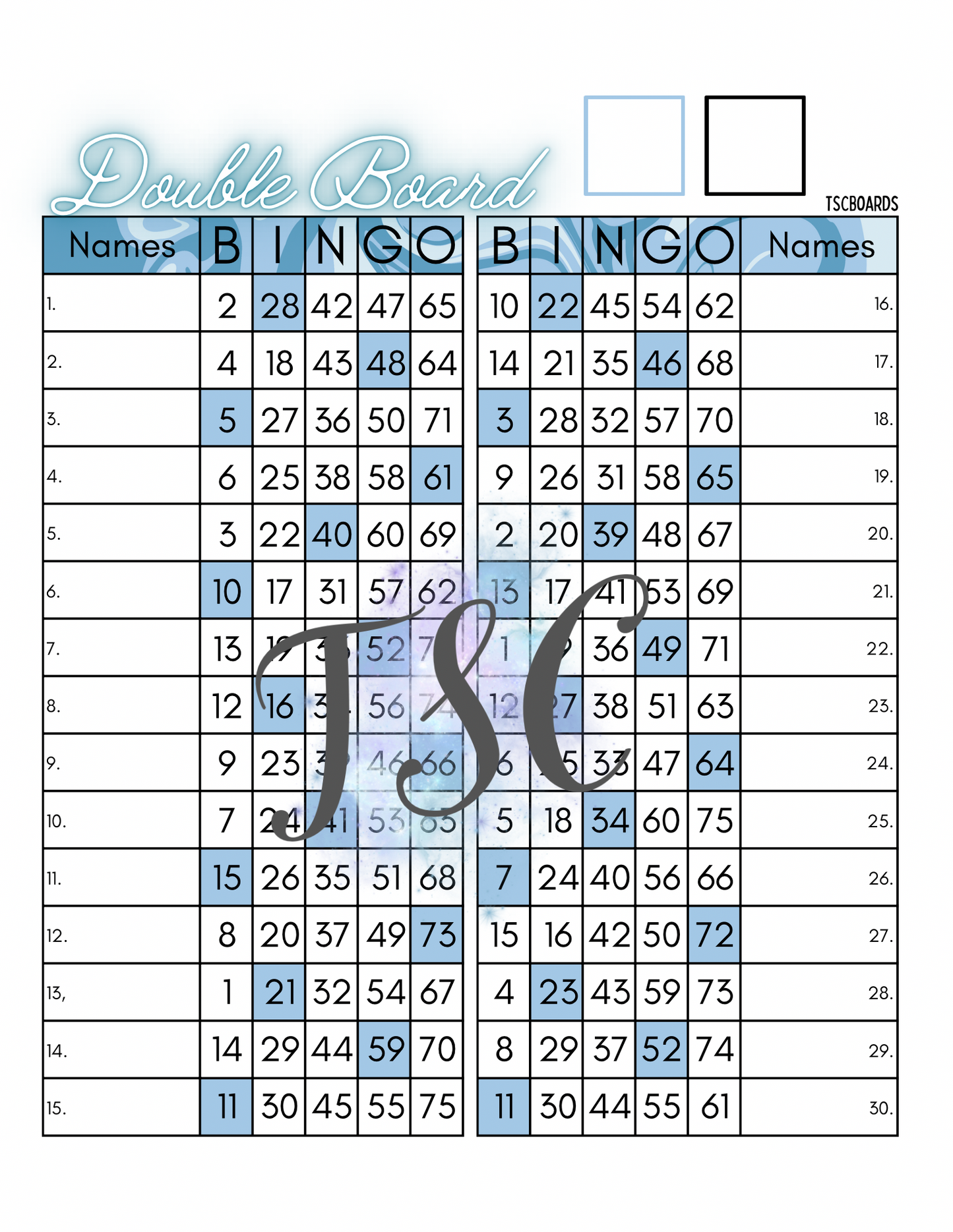 Double Bingo Board 1-75 Ball 1-15 Line