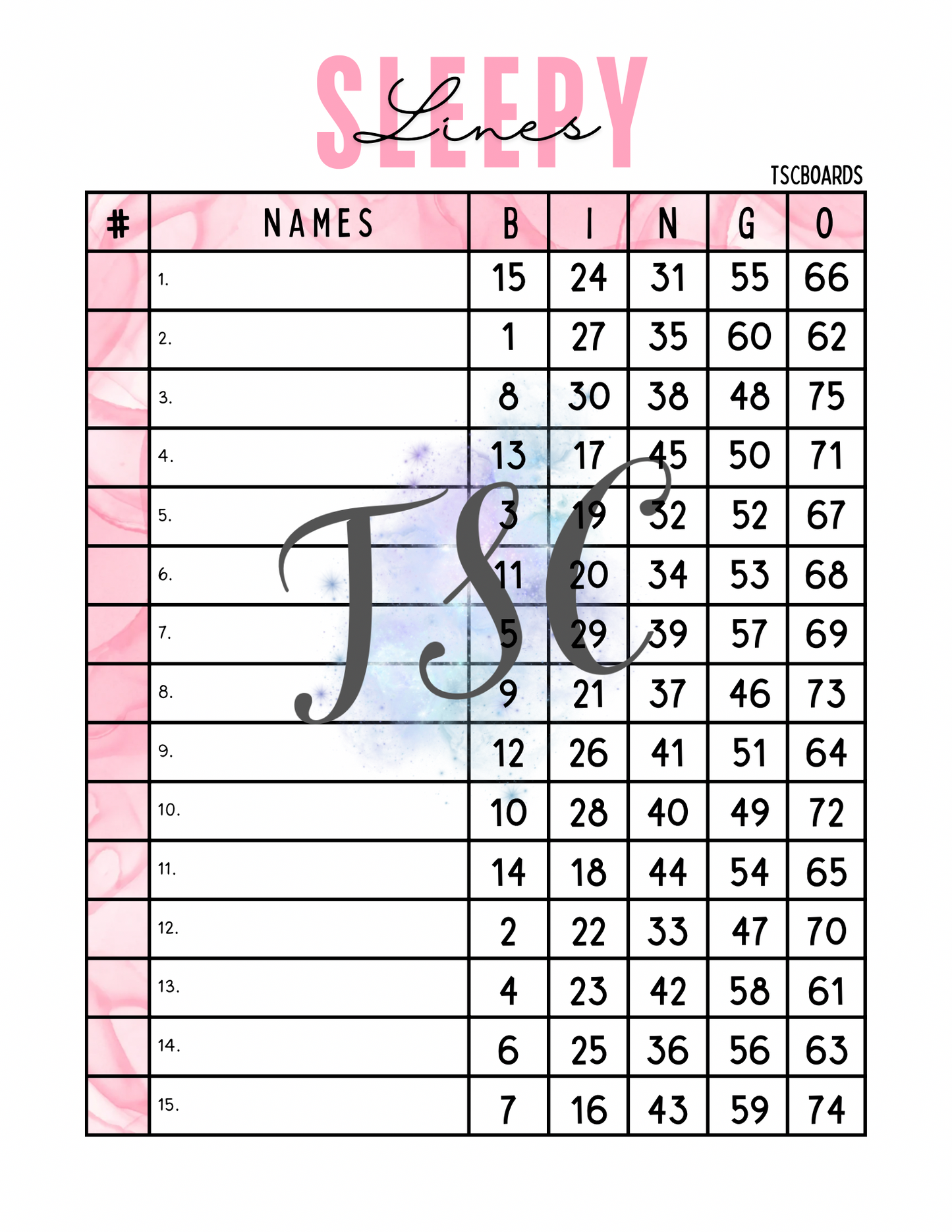 Sleepylines Pink Bingo Board 1-75 Ball