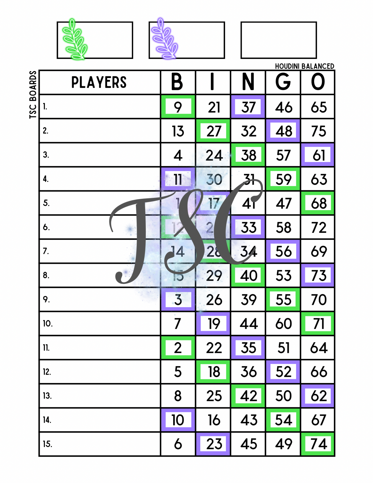 Plant Two Colour Bingo Board 1-75 Ball 1-15 Line