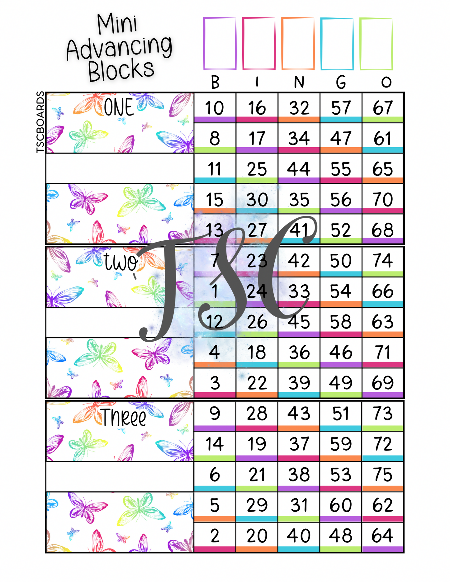 Butterfly Mini Advancing Rainbow Blocks Bingo Board Main 1-75 Ball