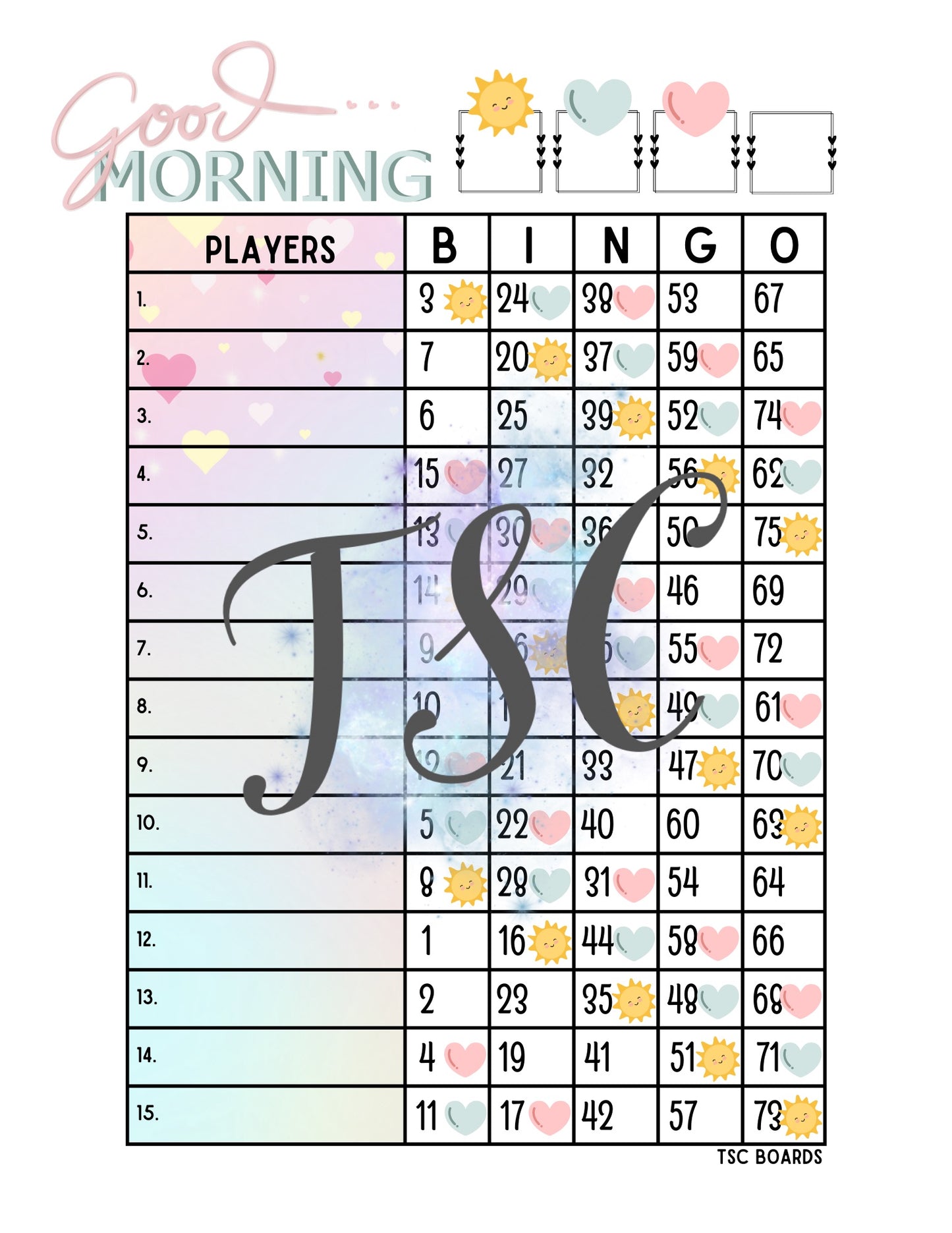 Good Morning Bingo Board 1-75 Ball