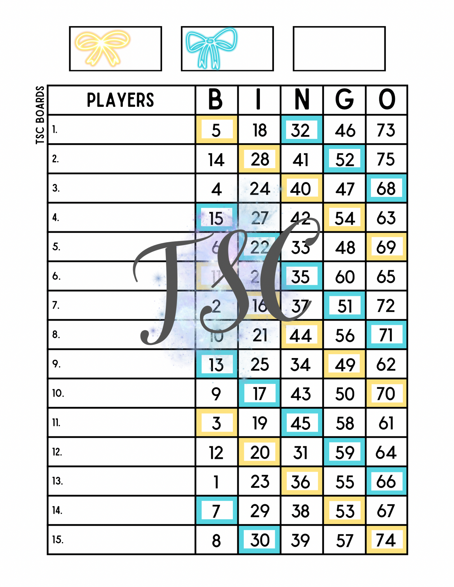 Bow Two Colour Bingo Board 1-75 Ball 1-15 Line