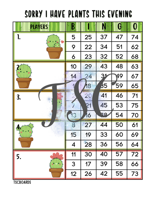 Sorry I have Plants this Evening Block Bingo Board 1-75 Ball