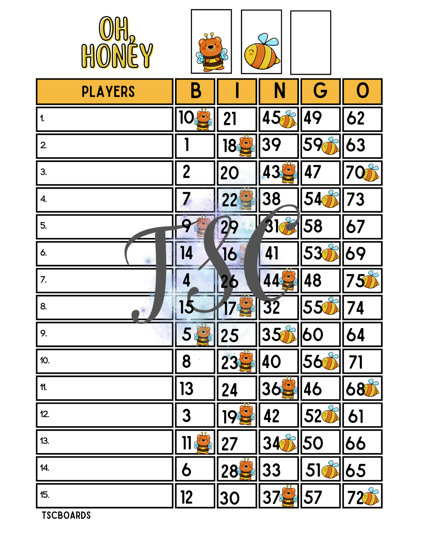 Oh, Honey Bingo Board 1-75 Ball