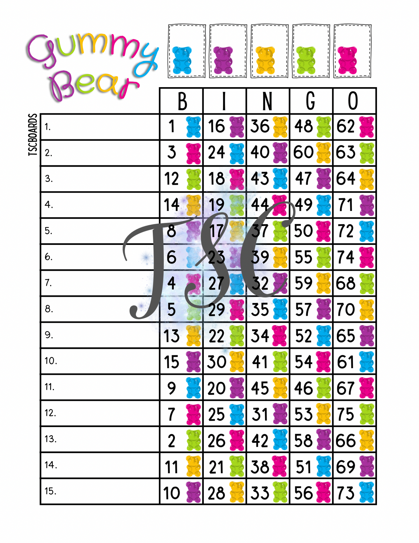 Gummy Bear Bingo Board 1-75 Ball
