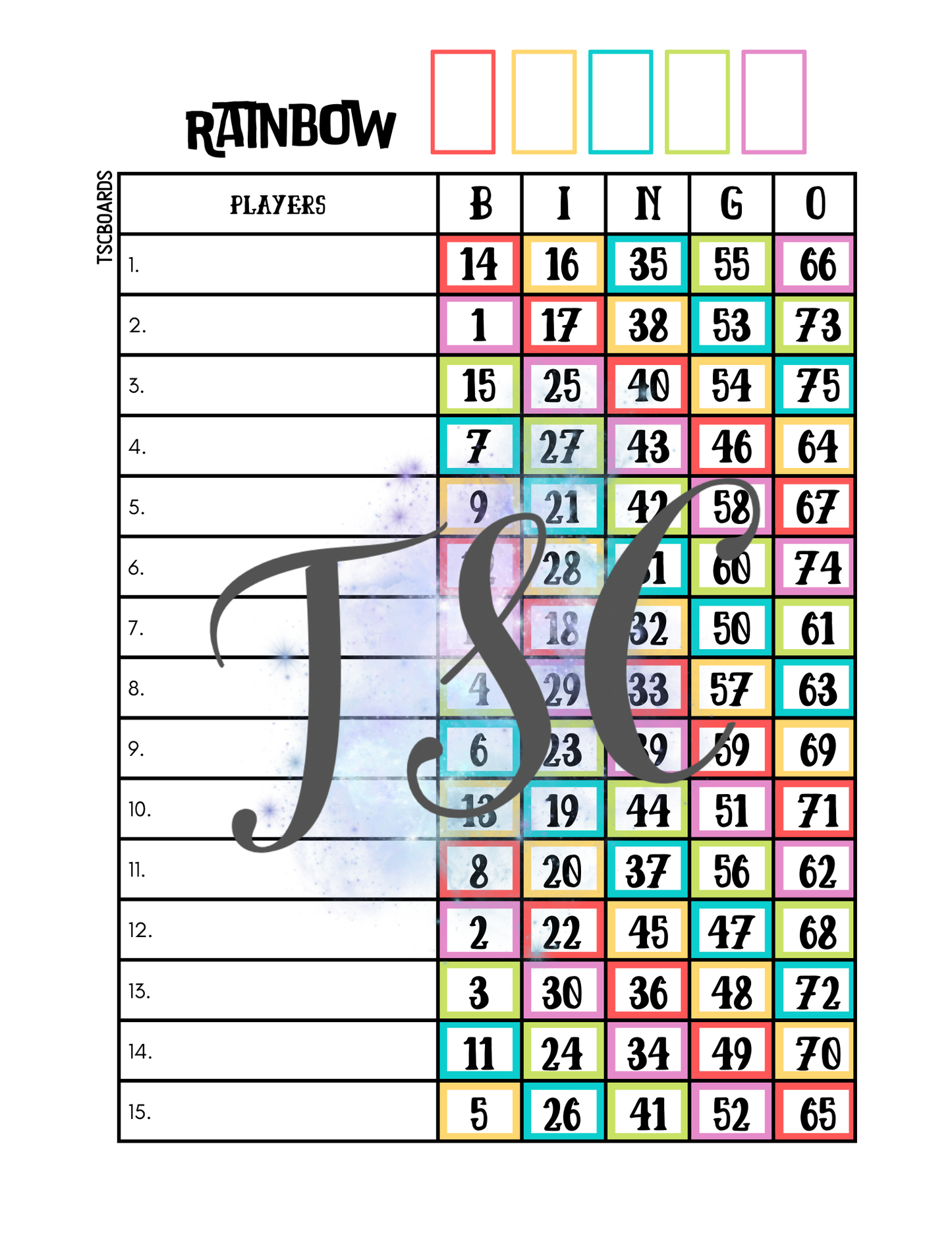 Rainbow Bingo Board 1-75 Ball