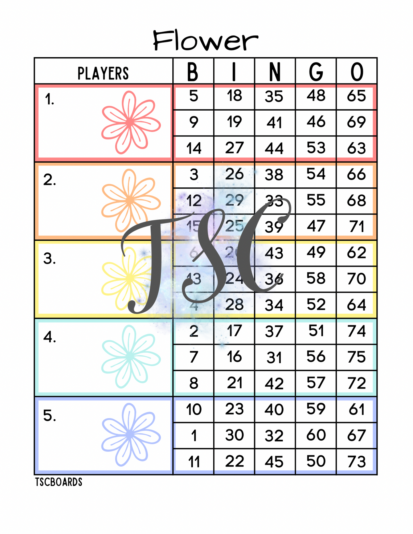 Flower Rainbow Block Bingo Board 1-75 Ball