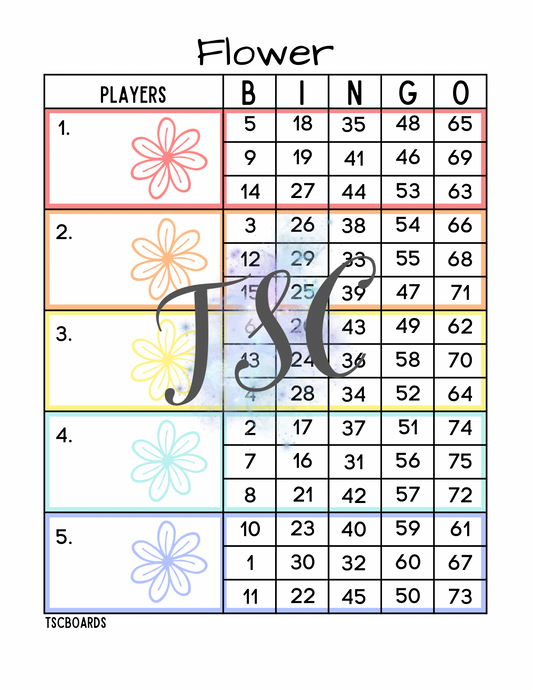 Flower Rainbow Block Bingo Board 1-75 Ball