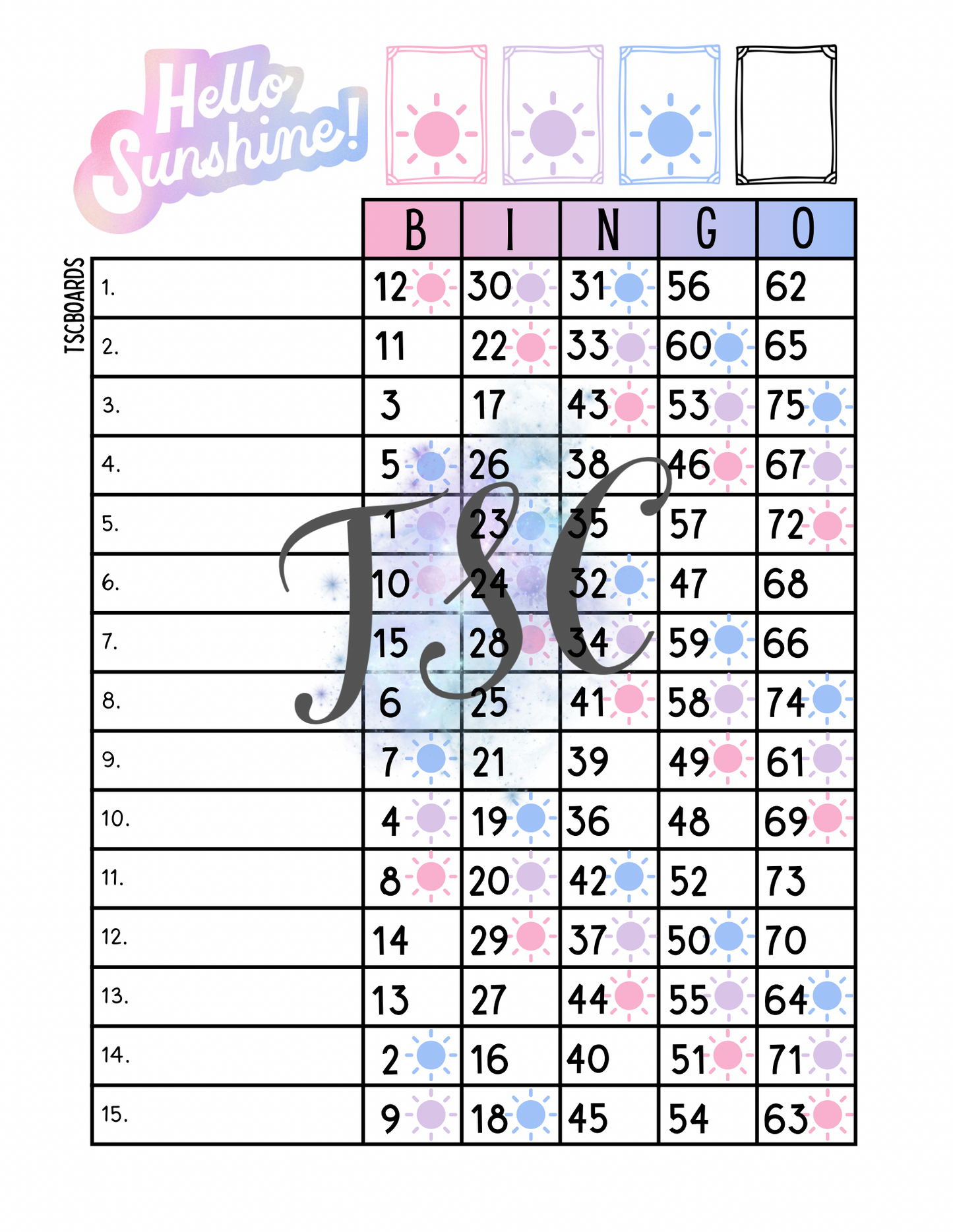 Sunshine Bingo Board 1-75 Ball