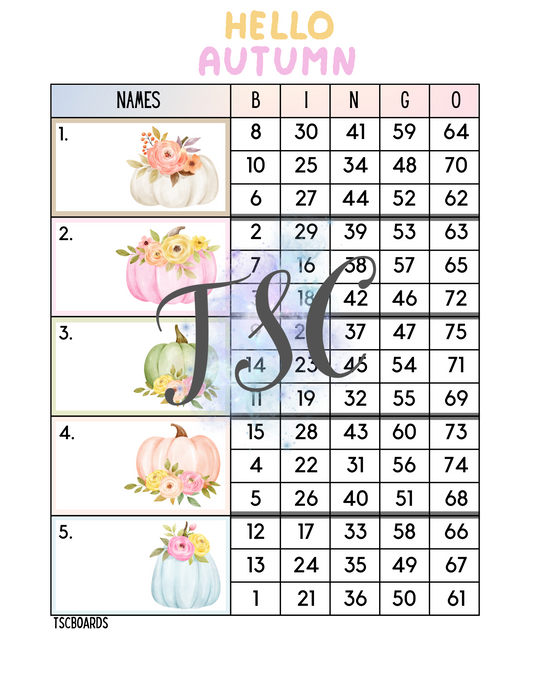 Hello Autumn Block Bingo Board 1-75 Ball