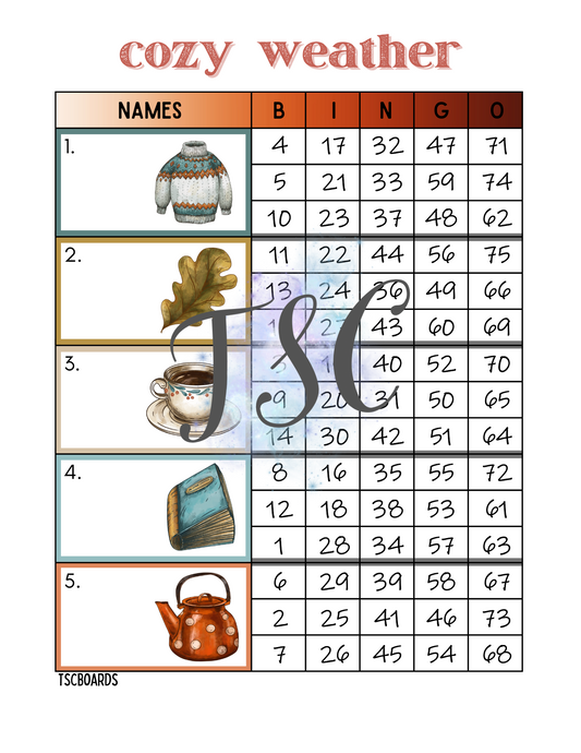 Cozy Weather Block Bingo Board 1-75 Ball