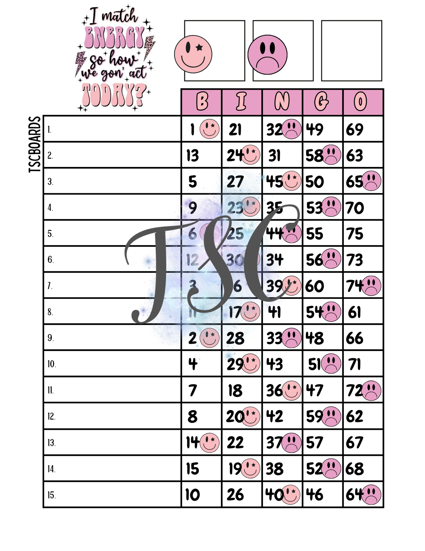 I Match Energy Bingo Board 1-75 Ball