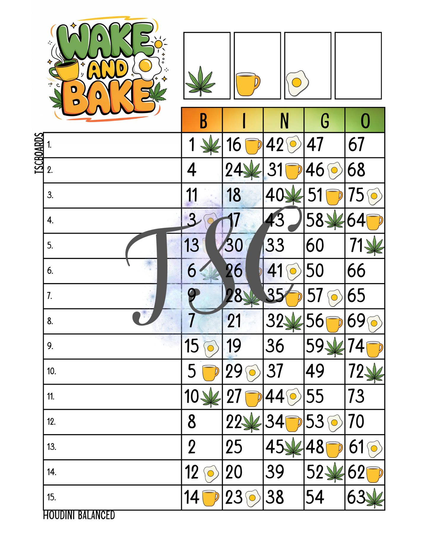 Wake And Bake Bingo Board 1-75 Ball