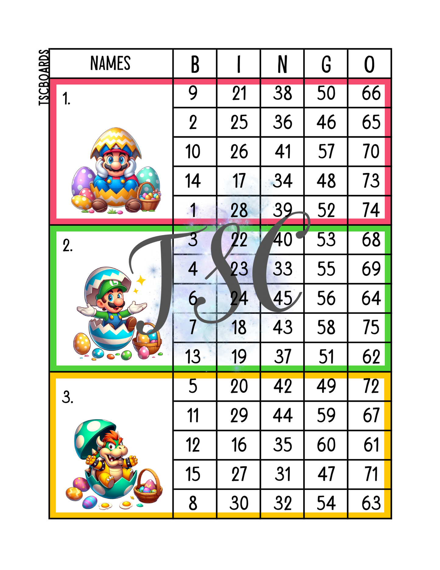 Mario Easter Mega Block Bingo Board 1-75 Ball