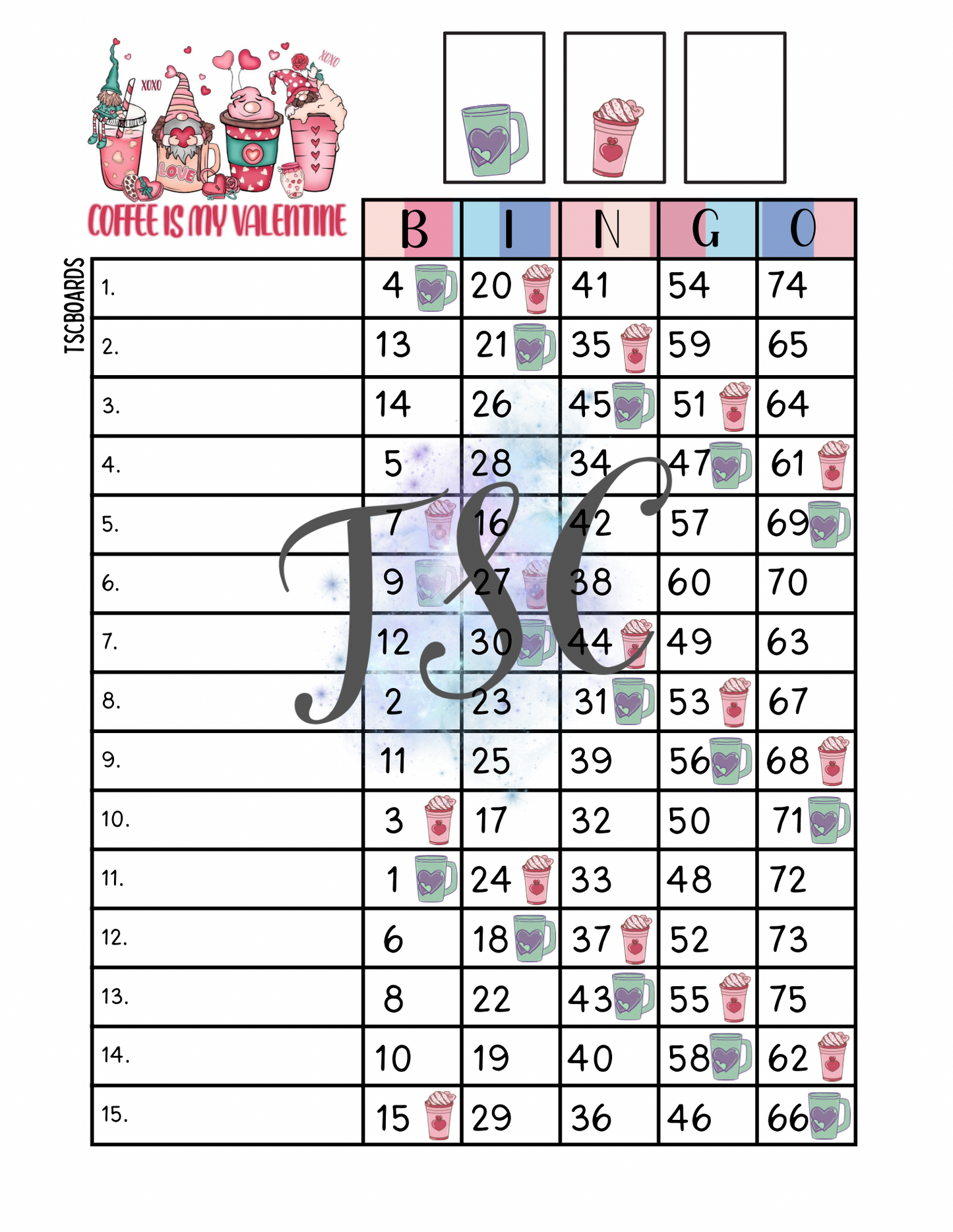 Coffee Is My Valentine Bingo Board 1-75 Ball