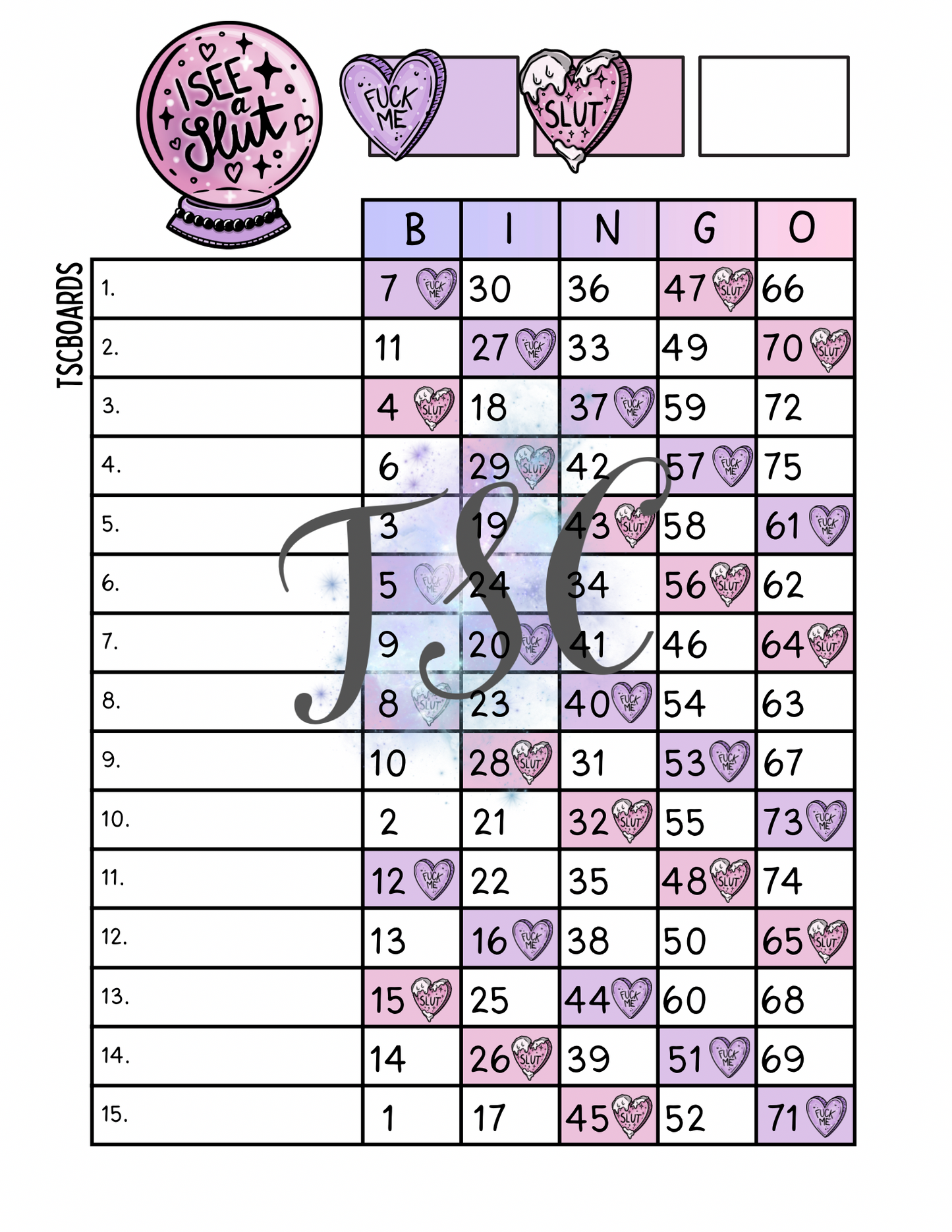 I See A Sl*t Bingo Board 1-75 Ball