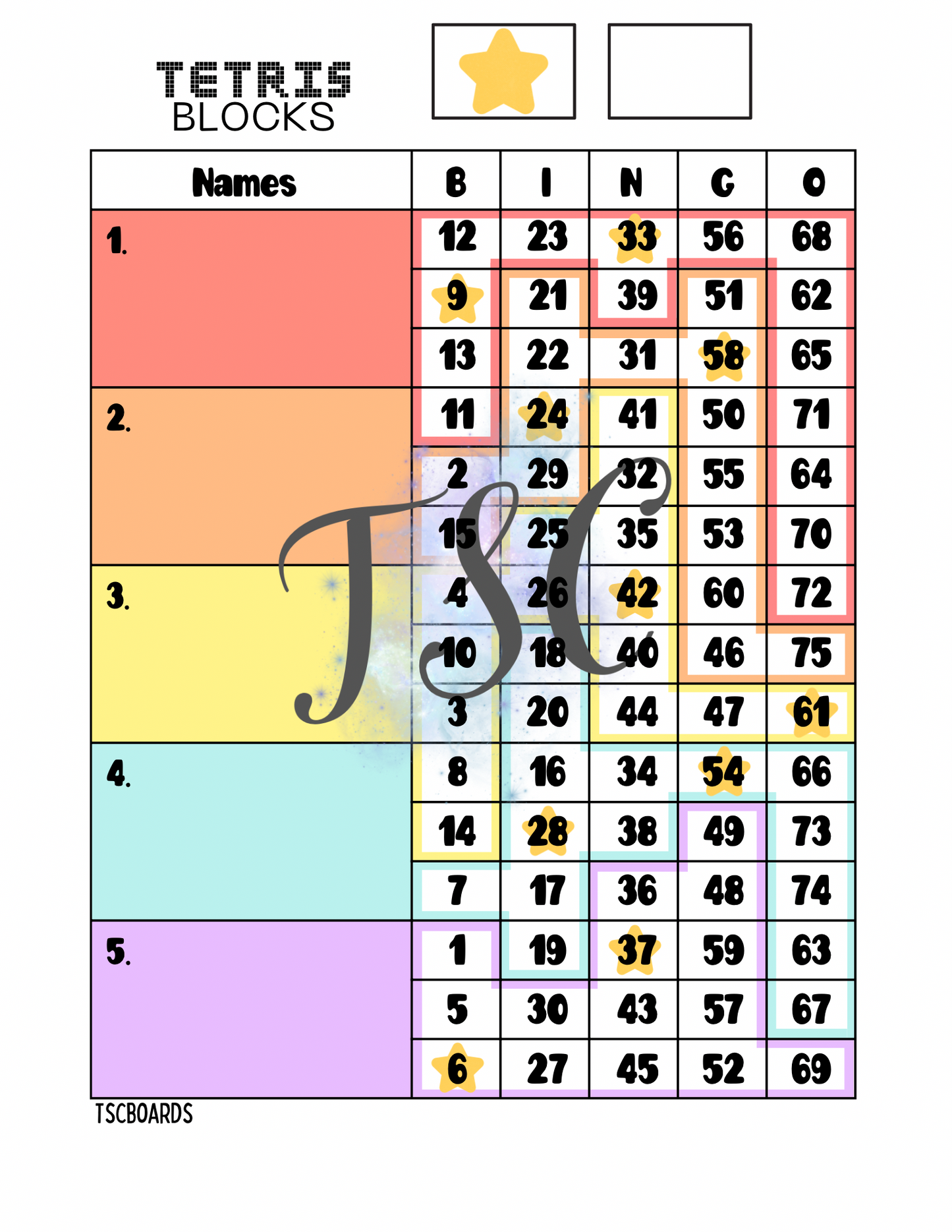 Tetris Block Bingo Board 1-75 Ball