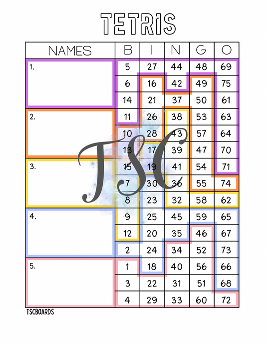 Tetris Block Bingo Board 1-75 Ball