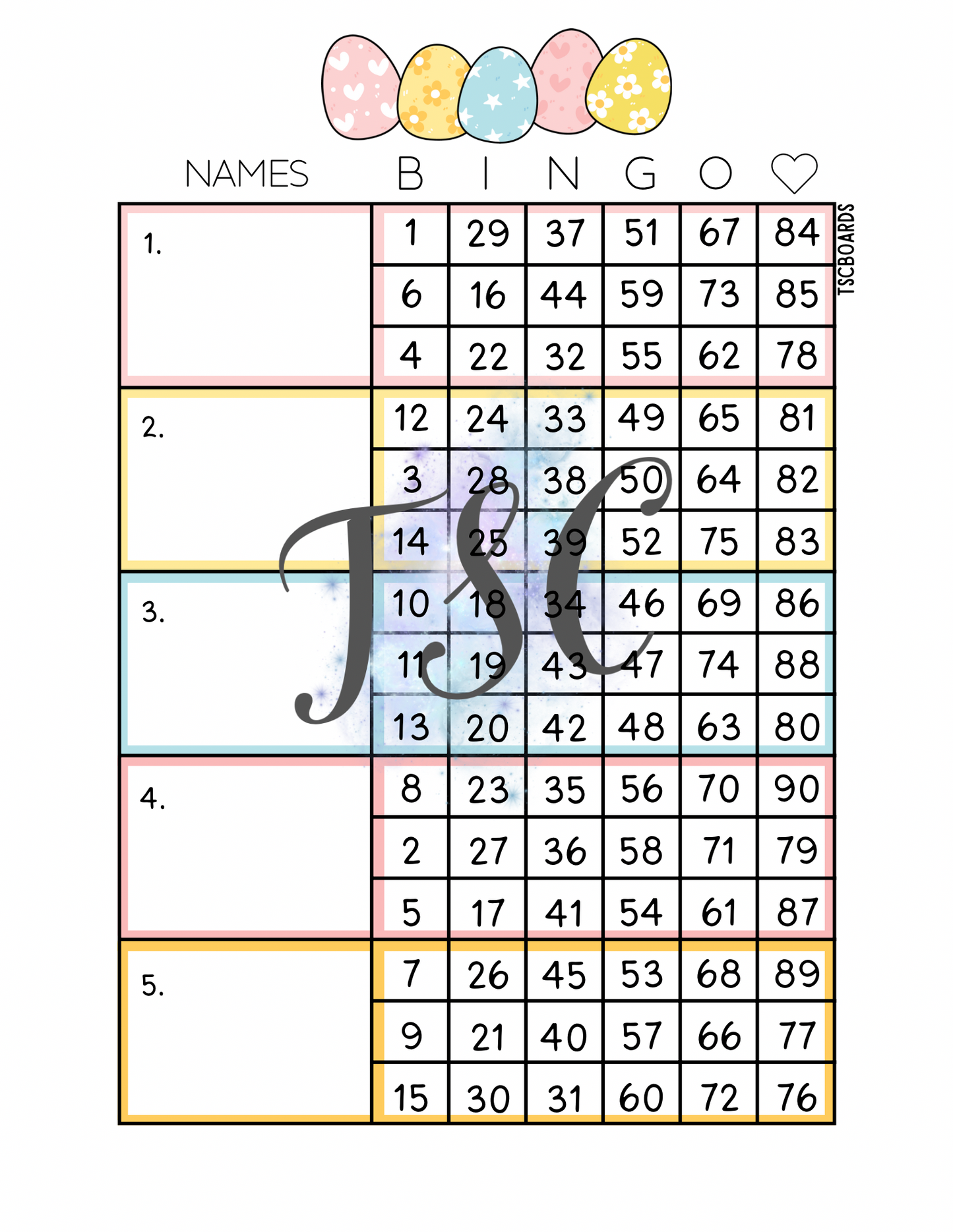 Easter Eggs Block Bingo Board 1-90 Ball