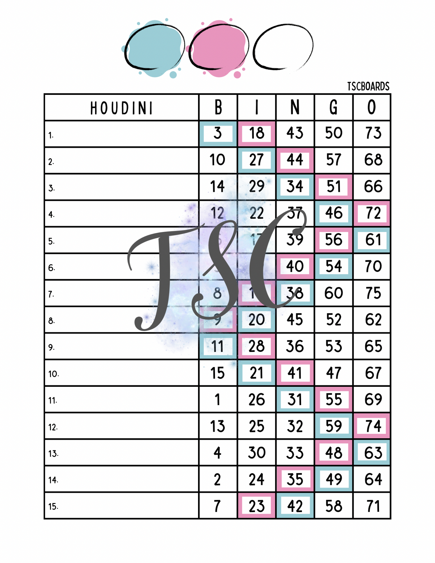 Houdini Two Colour Bingo Board 1-75 Ball 15 Lines