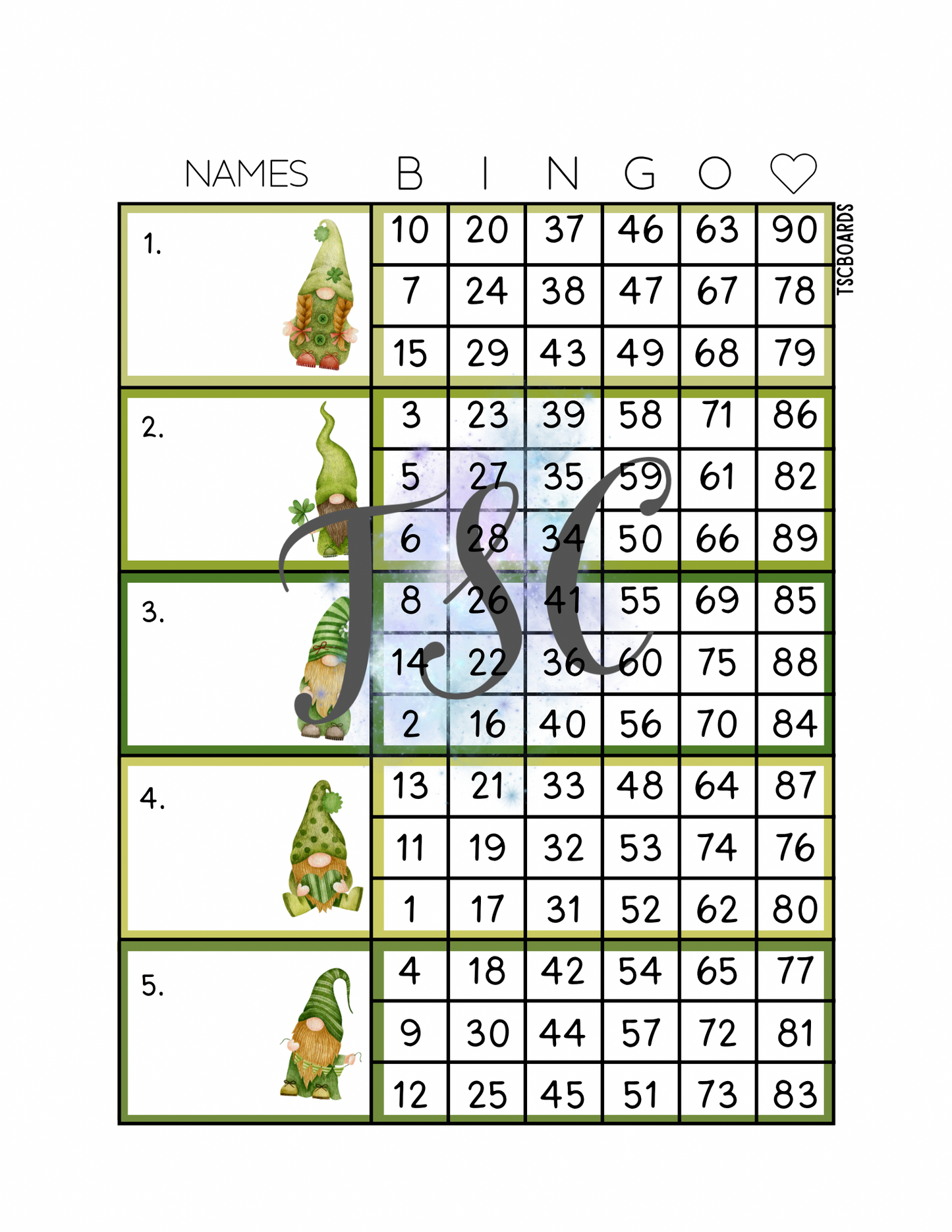 St Patrick’s Day Gnomes Block Bingo Board 1-90 Ball