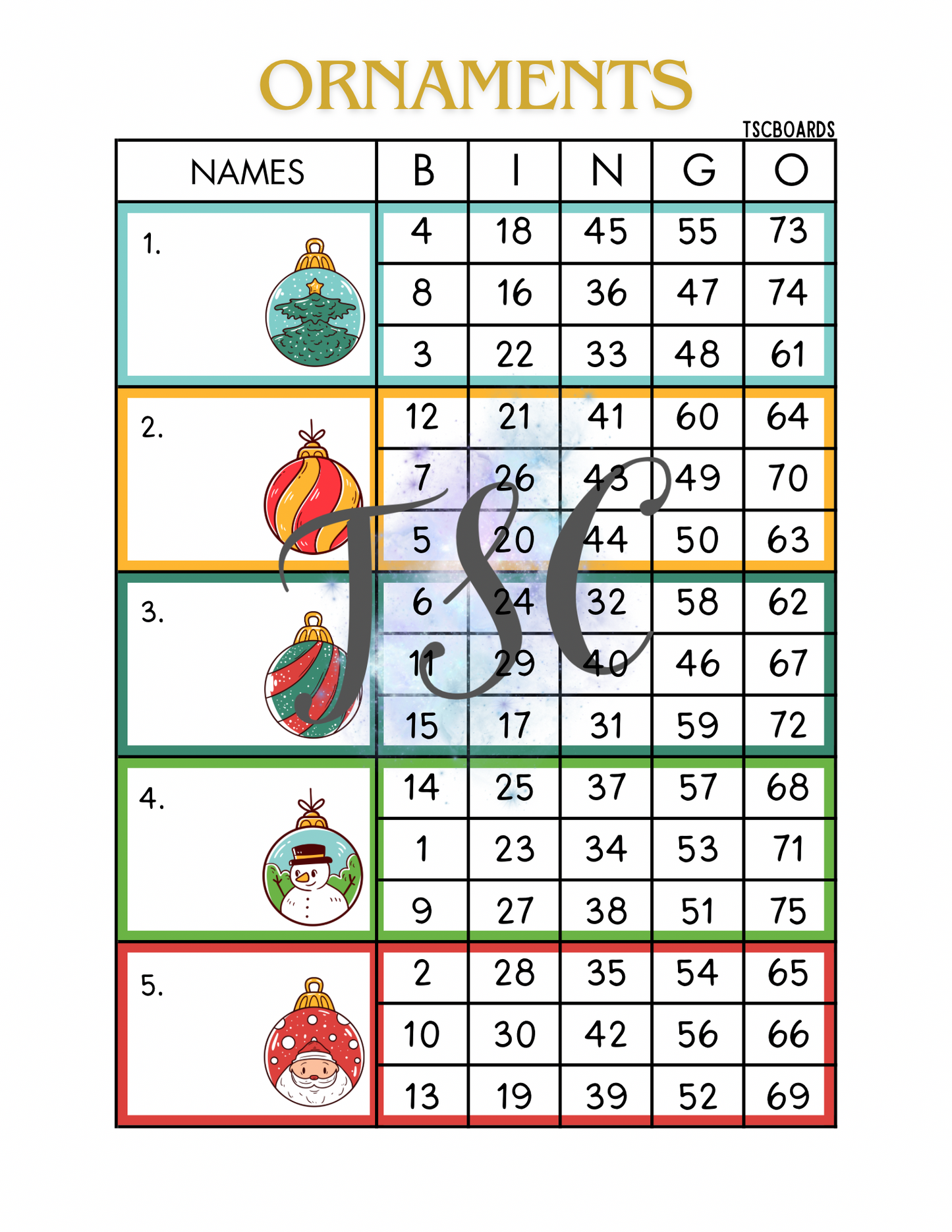 Ornaments Block Bingo Board 1-75 Ball