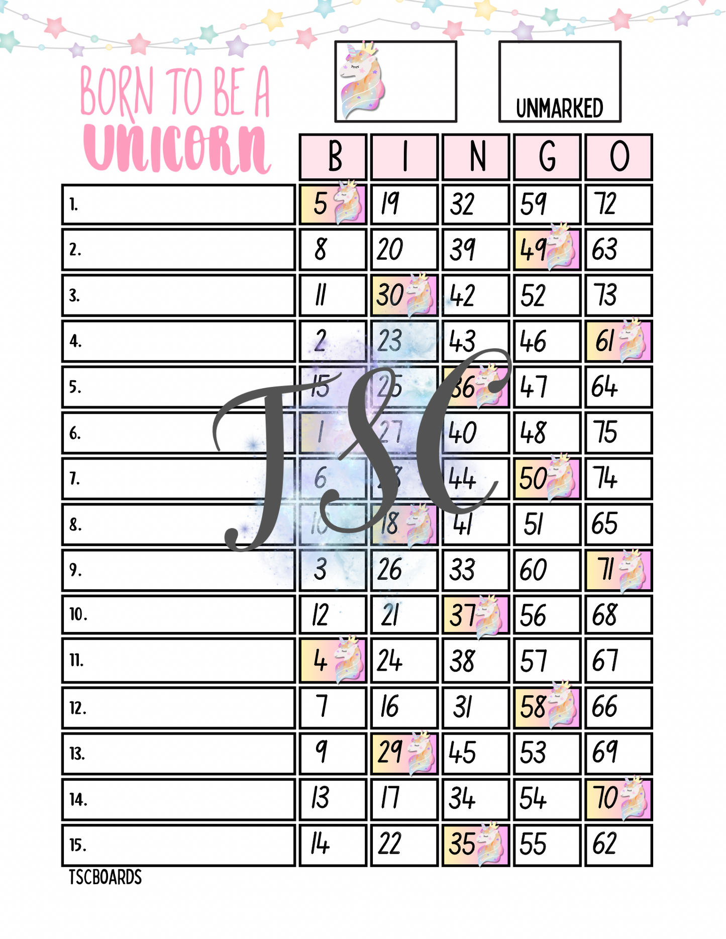 Born To Be A Unicorn Bingo Board 1-75 Ball